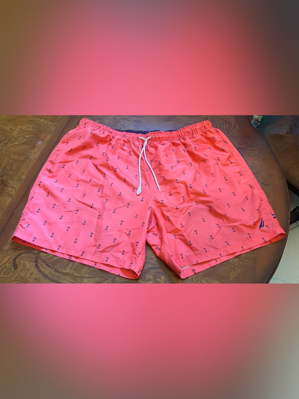 Nautica Coral Swim Shorts with Navy Anchor Motif